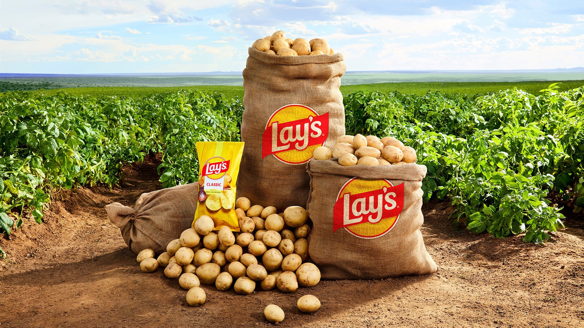 Lay’s Nature chips bag displayed beside crates of fresh potatoes in an outdoor field.